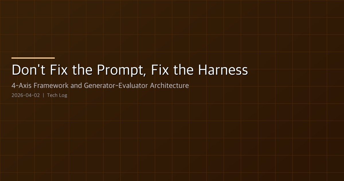 Featured image of post Don't Fix the Prompt, Fix the Harness — The 4-Axis Framework and Generator-Evaluator Architecture